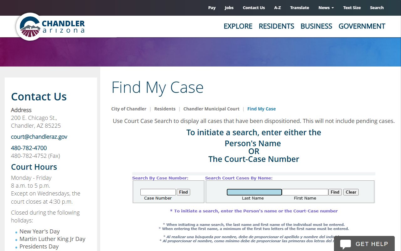 Chandler Municipal Court case search page
