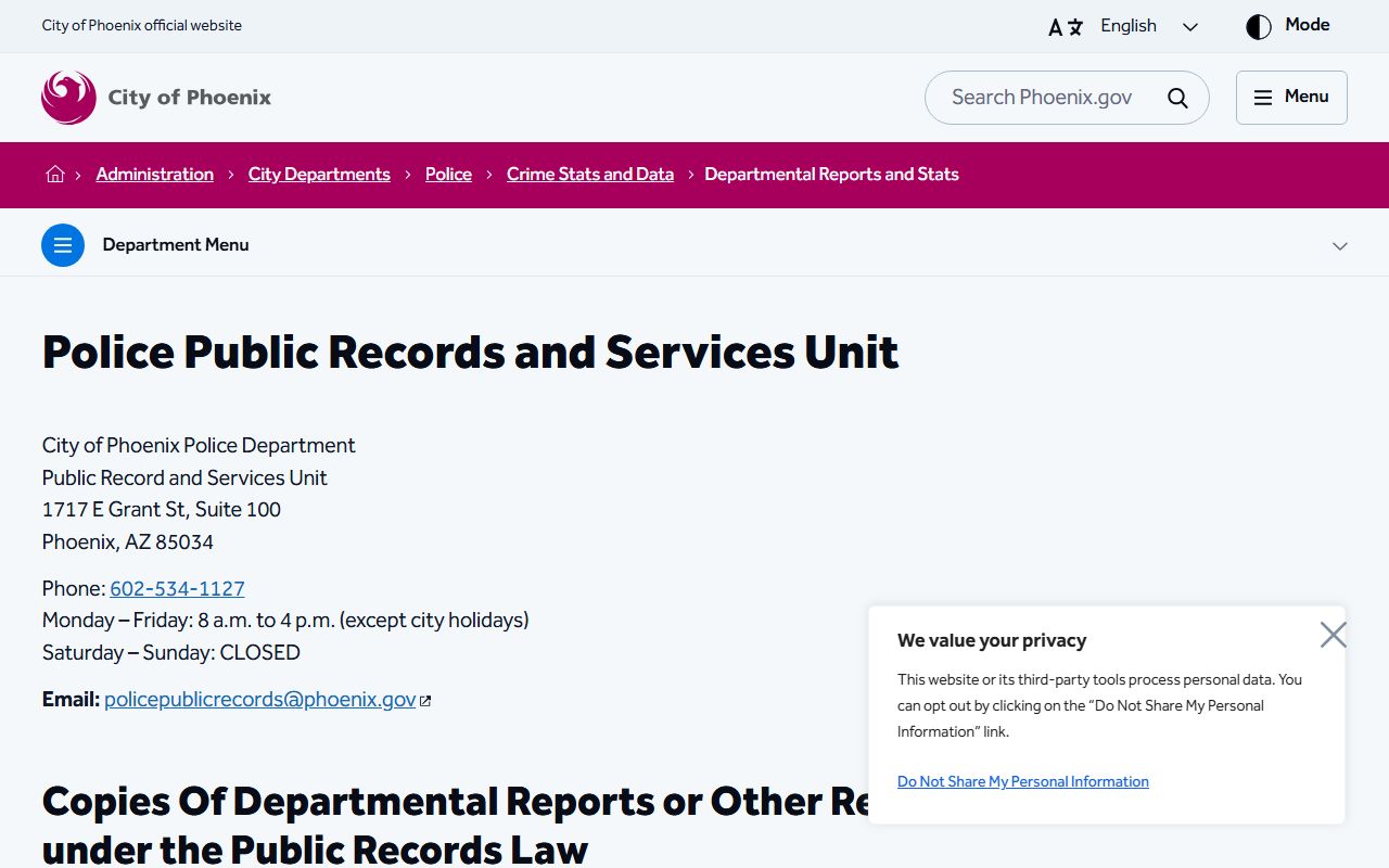 Phoenix Police public records page