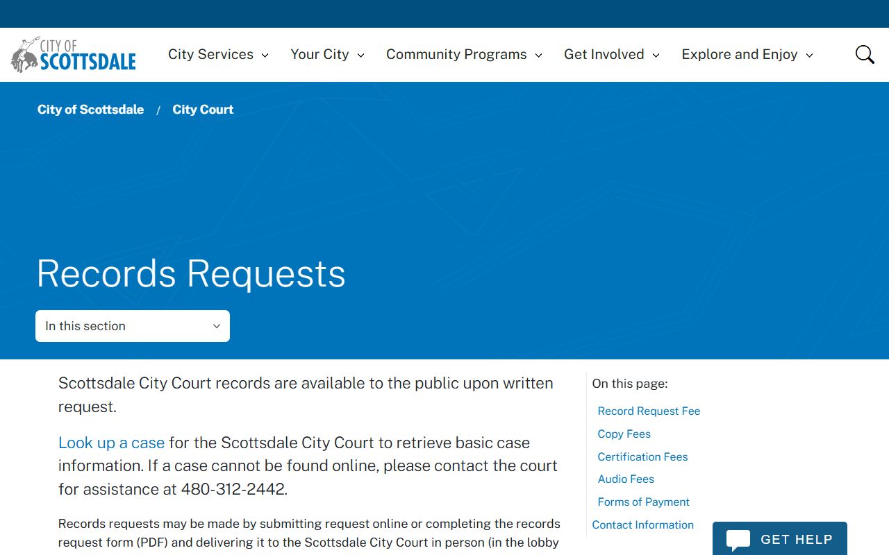 Scottsdale court records request page