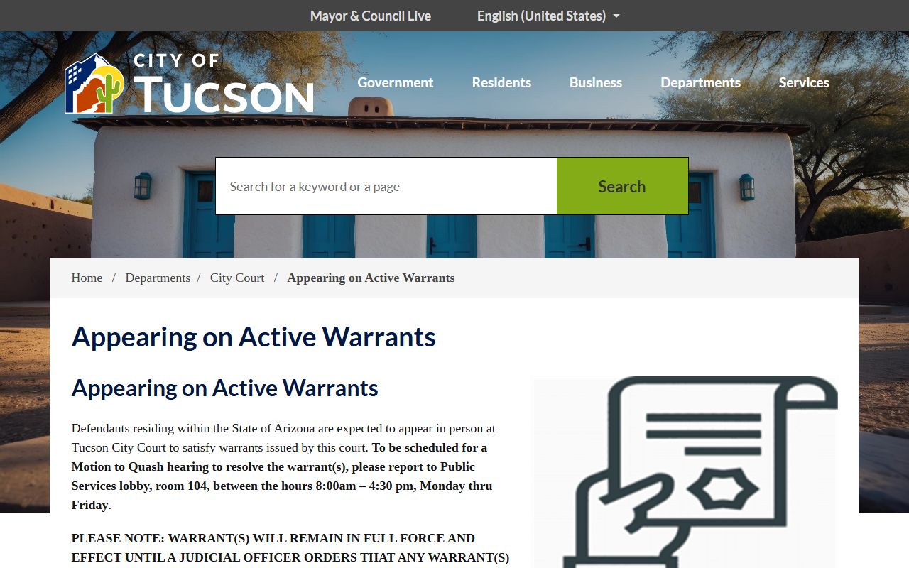 Tucson City Court warrant resolution page