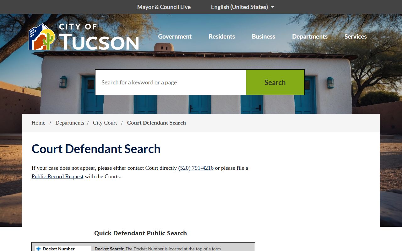 Tucson City Court defendant search page