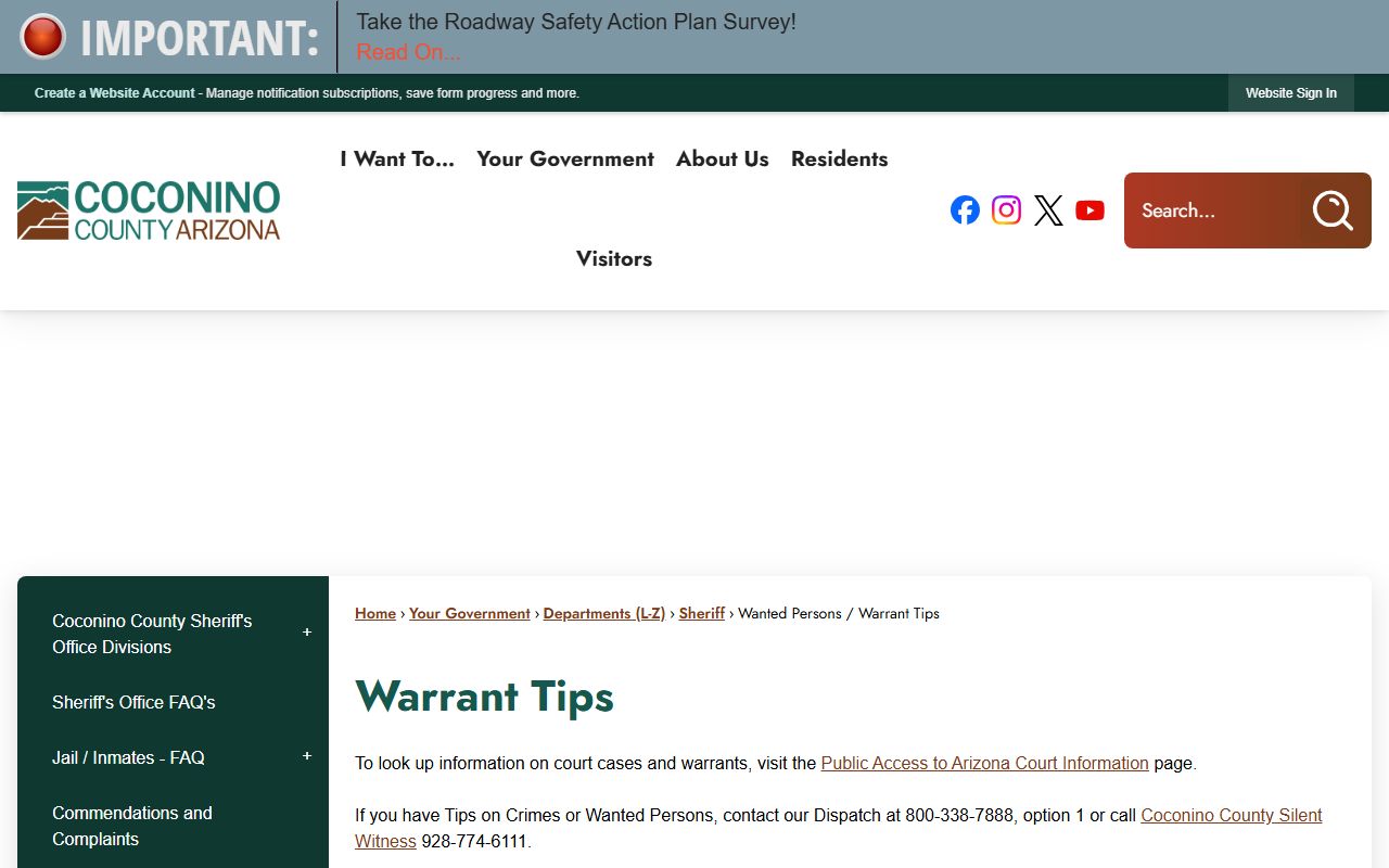 Coconino County Sheriff wanted persons and warrant tips page