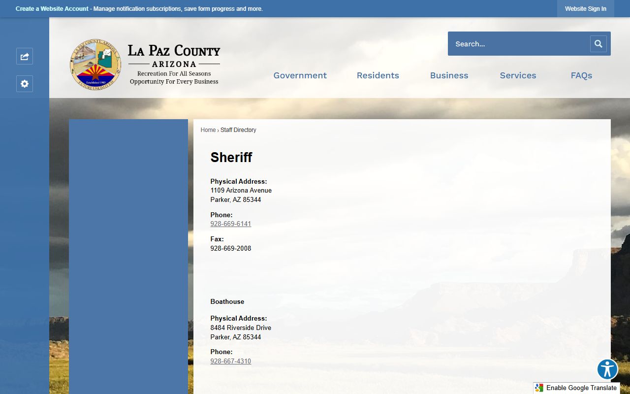 La Paz County Sheriff directory page