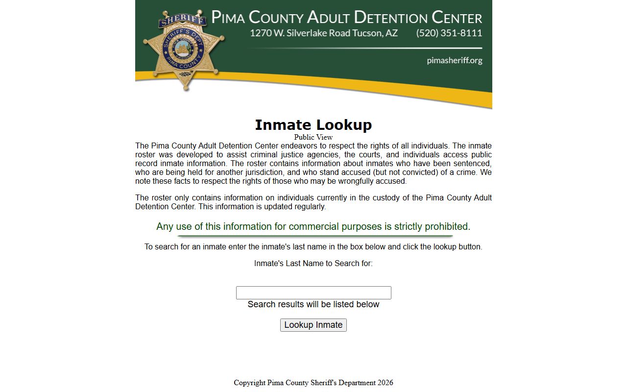Pima County Sheriff inmate lookup page