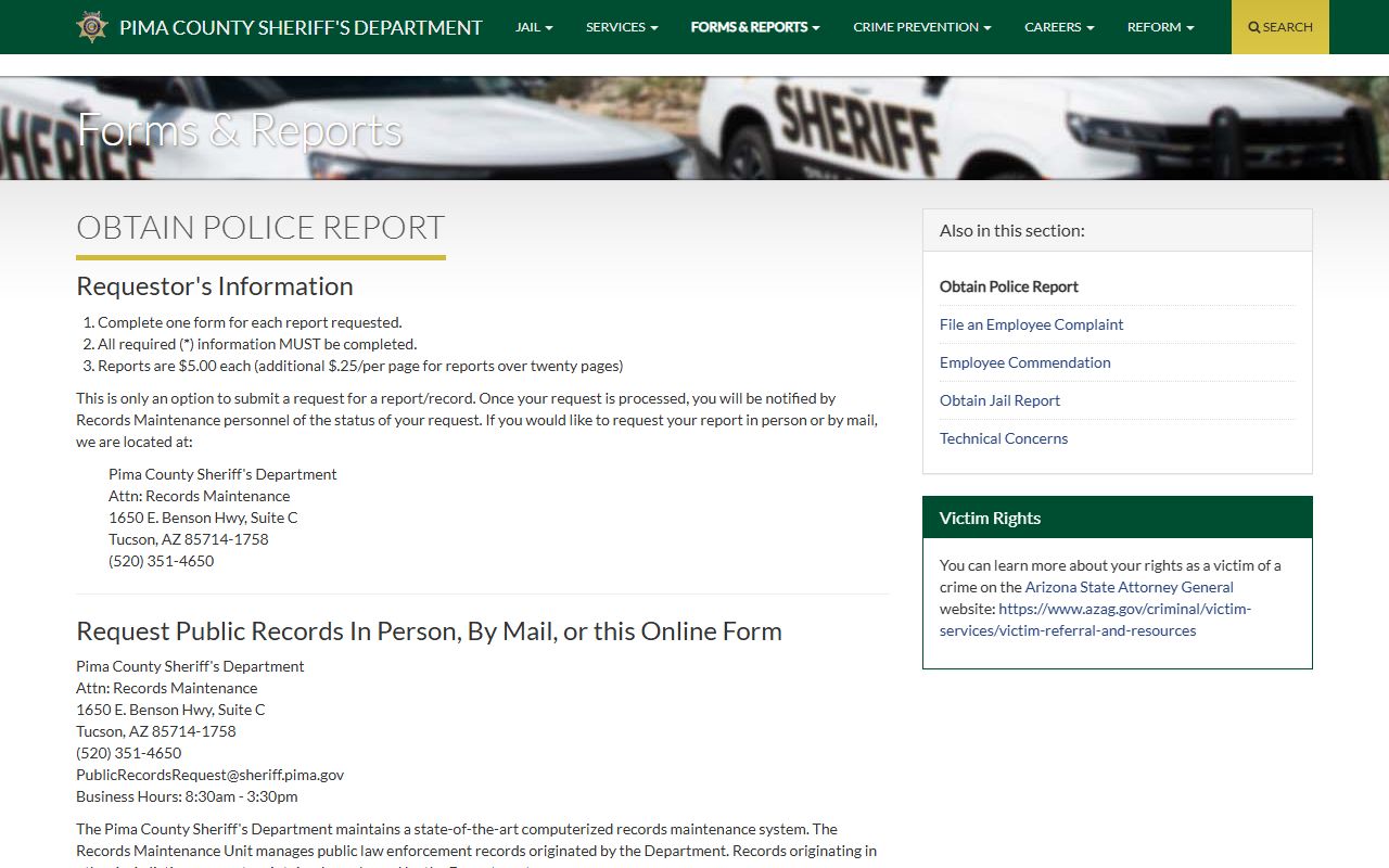 Pima County Sheriff records request page
