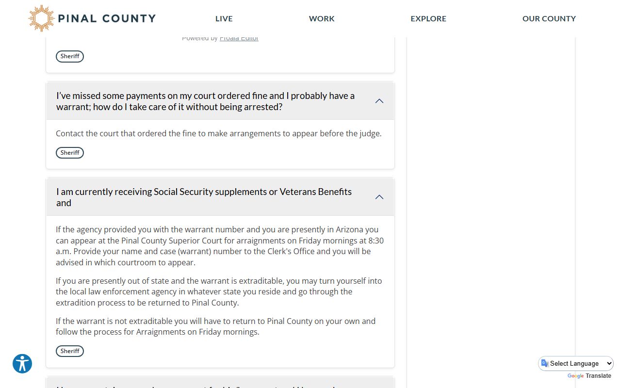 Pinal County Sheriff FAQ about warrant checks