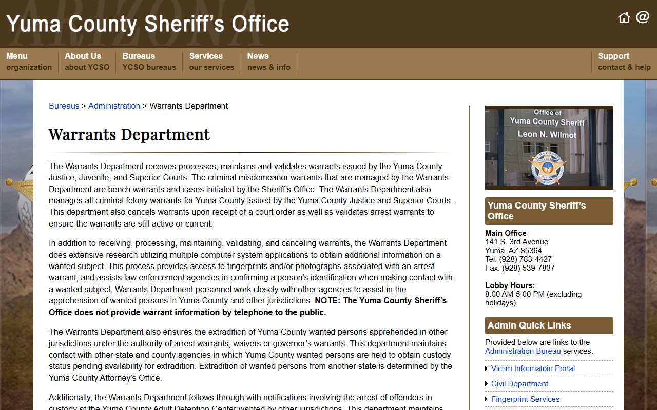 Yuma County Sheriff Warrants Department page