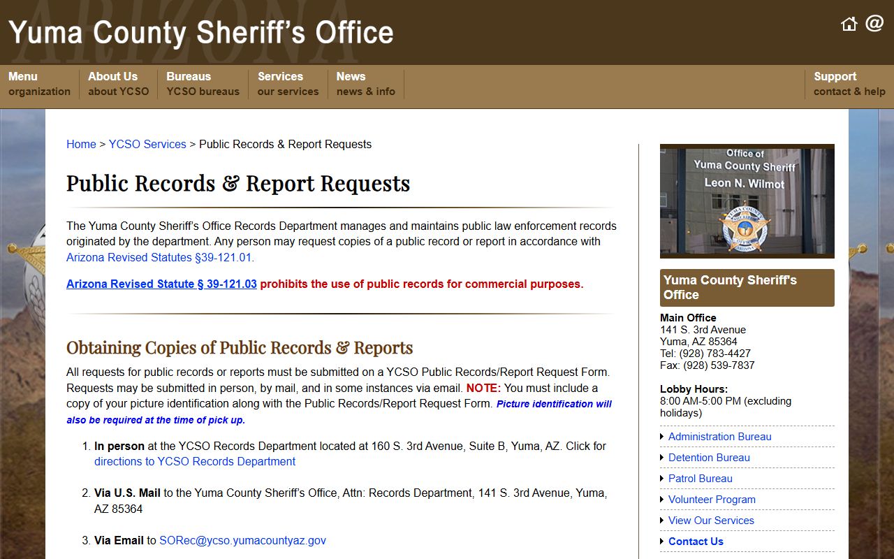 Yuma County Sheriff records request page