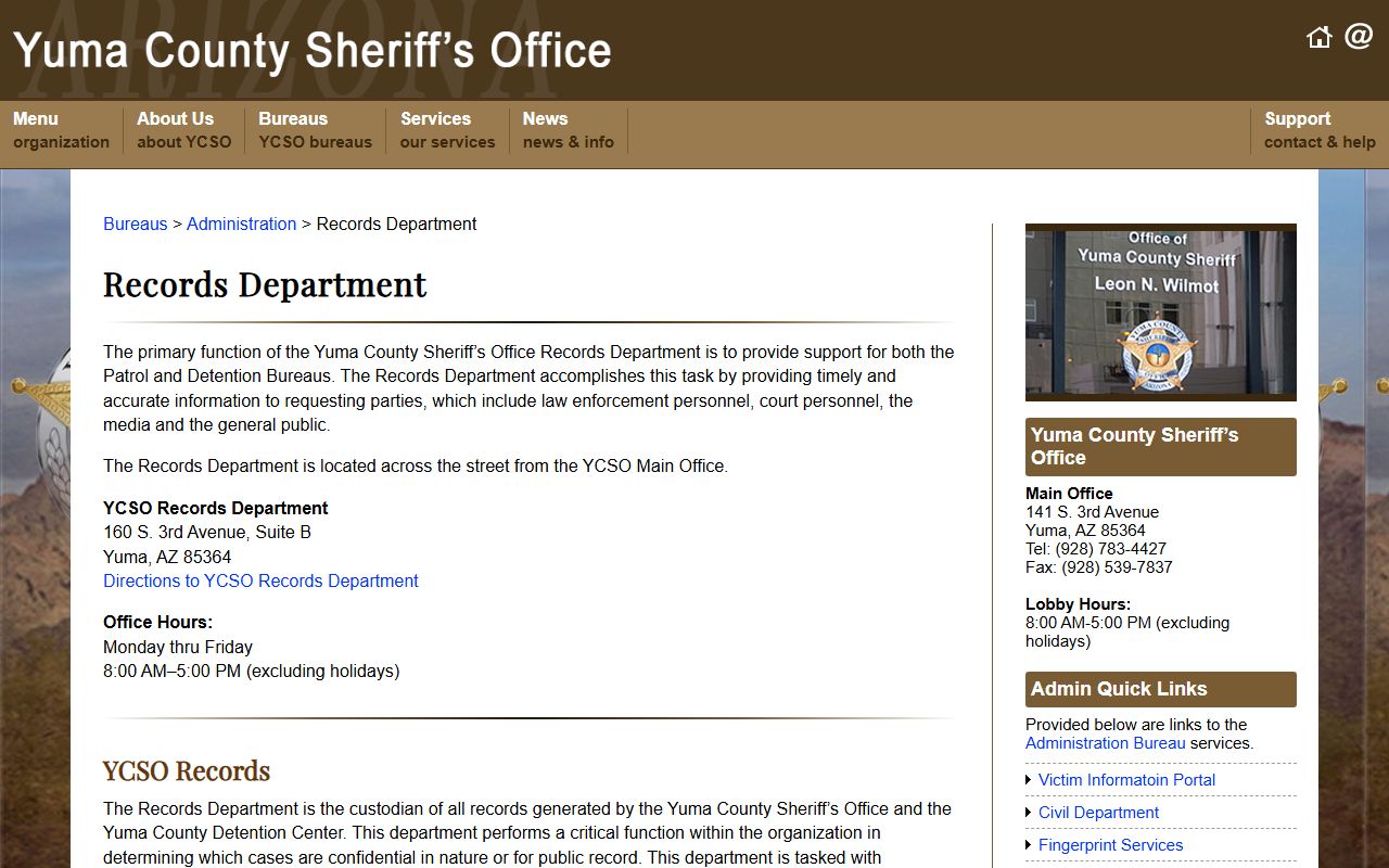 Yuma County Sheriff Records Department page