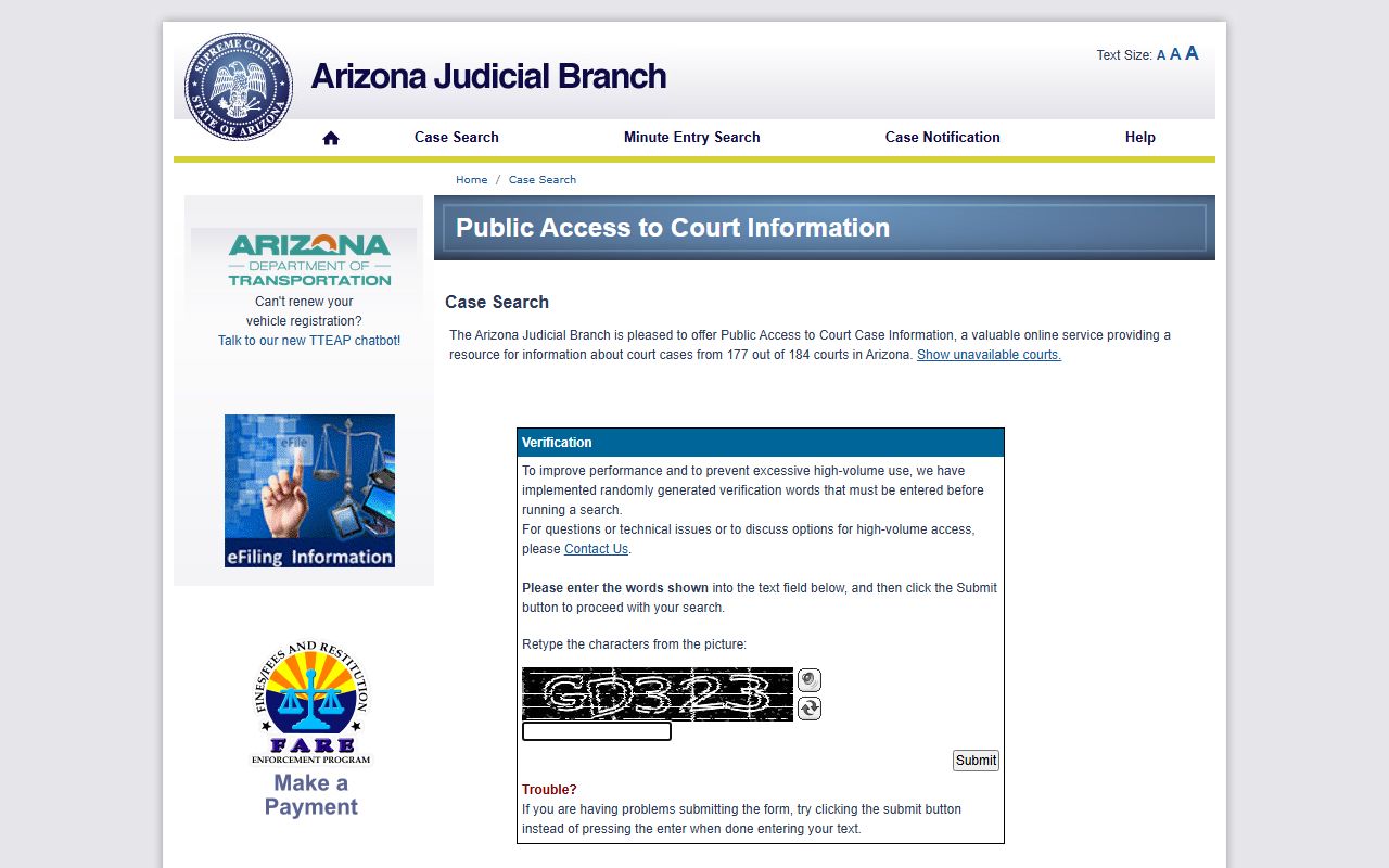 Arizona Courts public access portal for warrant case lookup