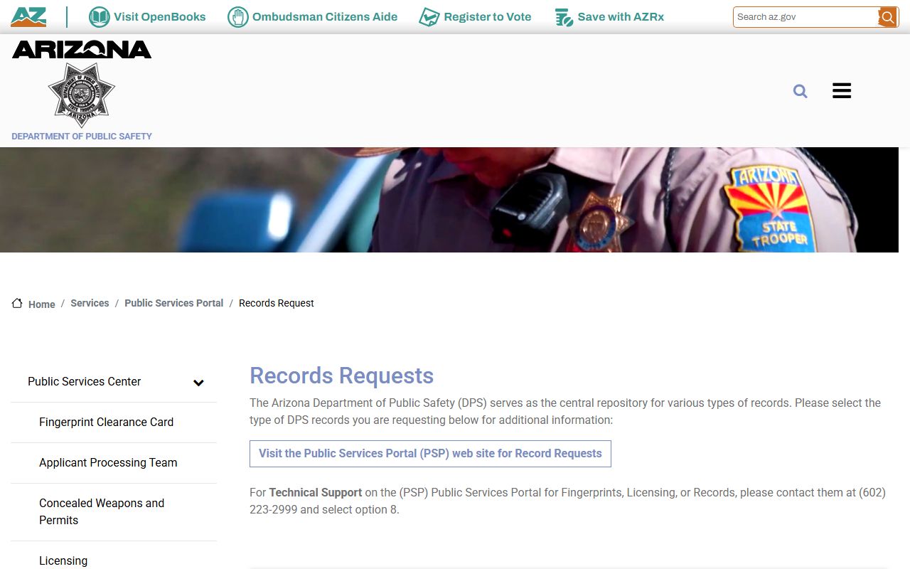 Arizona DPS records request page for warrant records