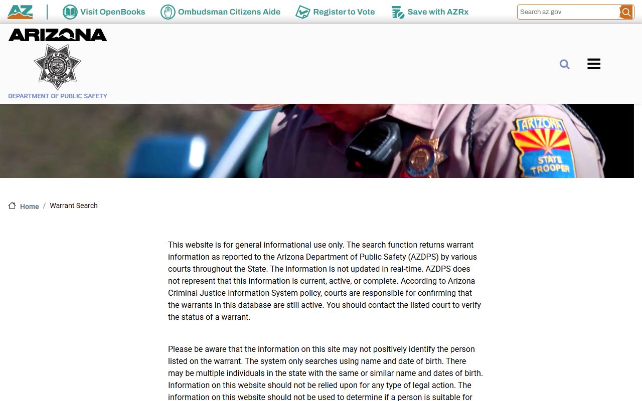 Arizona DPS warrant search portal for Arizona warrant records